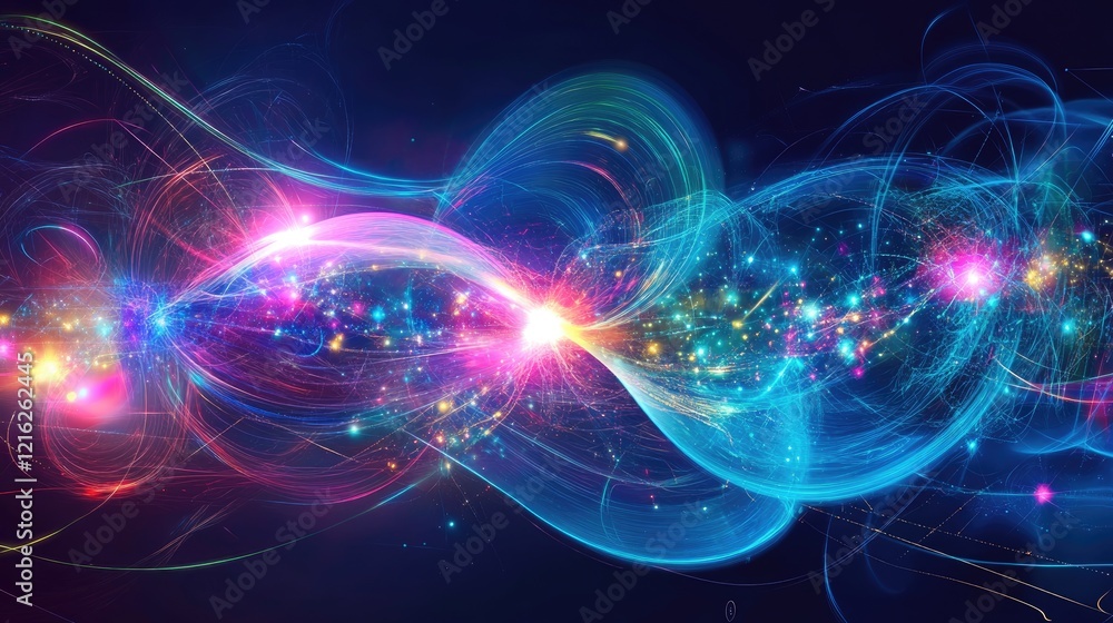 Fototapeta premium A conceptual visualization of quantum mechanics, with glowing waves and particles suspended in space.