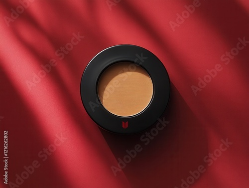 Creamy Foundation in Compact on Red Background with Shadows photo