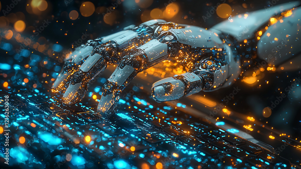 Robotic Hand Typing on Futuristic Glowing Keyboard Robotic Hand Typing on Futuristic Glowing Keyboard