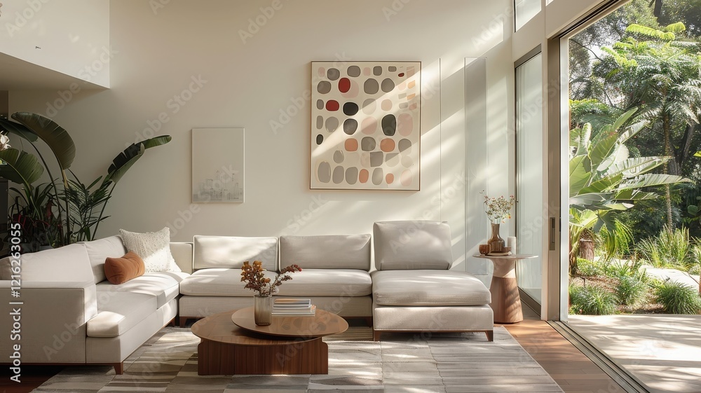 Fototapeta premium A mid-century modern living room with a colorful circle patterned feature wall, bathed in natural light.
