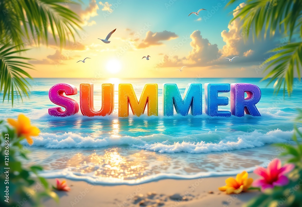 Fototapeta premium Tropical summer beach scene with colorful 3d text 