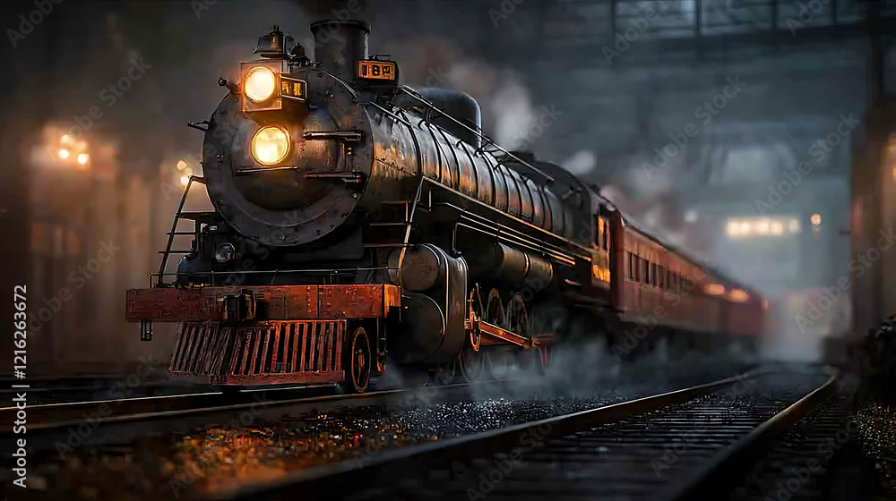 Obraz premium vintage steam locomotive in railway museum, surrounded by atmospheric lighting and smoke, evokes nostalgia and history