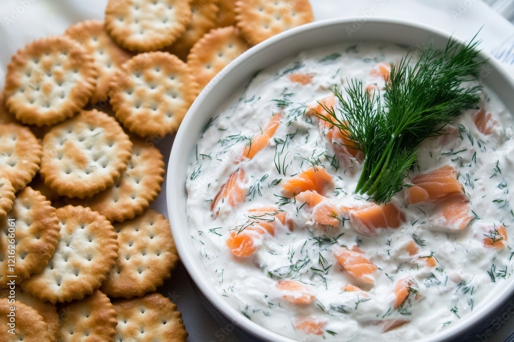 A delicious creamy smoked salmon dip is beautifully arranged in a bowl, topped with fresh dill, and served alongside crunchy crackers perfect for dipping. Ideal for gatherings or parties A delicious creamy smoked salmon dip is beautifully arranged in a bowl, topped with fresh dill, and served alongside crunchy crackers perfect for dipping. Ideal for gatherings or parties