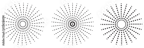 Retro Sunburst icon set, radial Sunburst element, Vintage sunburst Fireworks design isolated, Sunrise rays light burst line shine sunshine sunbeam vintage border symbol