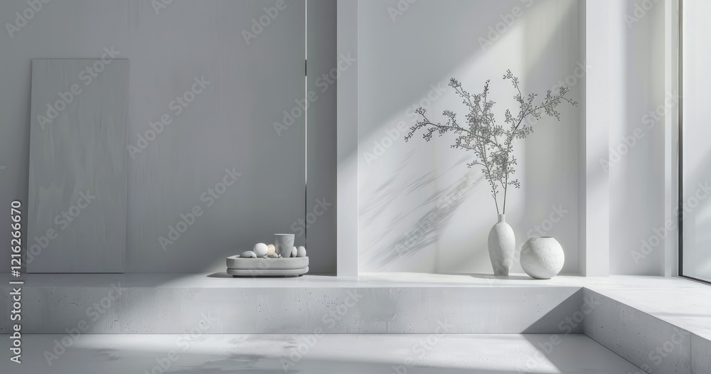 A minimalistic interior scene featuring soft light, a vase with branches, and a serene atmosphere. A minimalistic interior scene featuring soft light, a vase with branches, and a serene atmosphere.