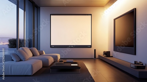 A modern living room with smart lighting, dimming options visible on a control screen on the wall. Minimal background for text.