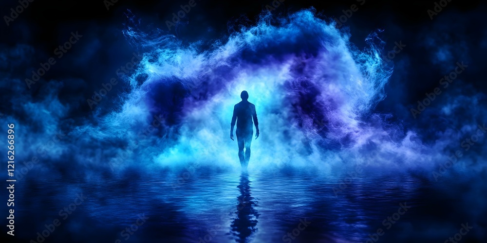 A silhouetted figure walks towards a glowing, colorful mist over water, creating a mystical and ethereal atmosphere. Concept Ethereal Atmosphere, Mystical Waters, Colorful Mist, Silhouetted Figure A silhouetted figure walks towards a glowing, colorful mist over water, creating a mystical and ethereal atmosphere. Concept Ethereal Atmosphere, Mystical Waters, Colorful Mist, Silhouetted Figure