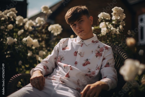 A young man is sitting in a chair in front of a bush full of white flowers