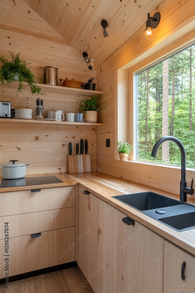 Fototapeta premium A minimalist kitchen in a tiny home featuring sleek design, natural light, and efficient use of space.