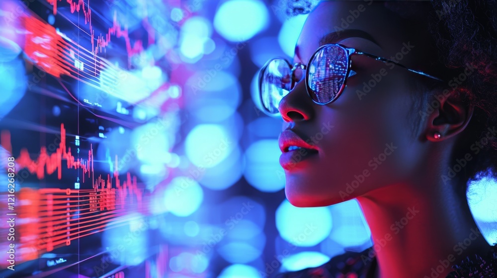 marketing research data technology. Woman Analyzing Data on Futuristic Screen. marketing research data technology. Woman Analyzing Data on Futuristic Screen.