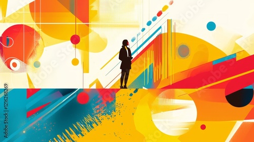 marketing research data technology. Woman Contemplating Abstract Colorful Shapes.