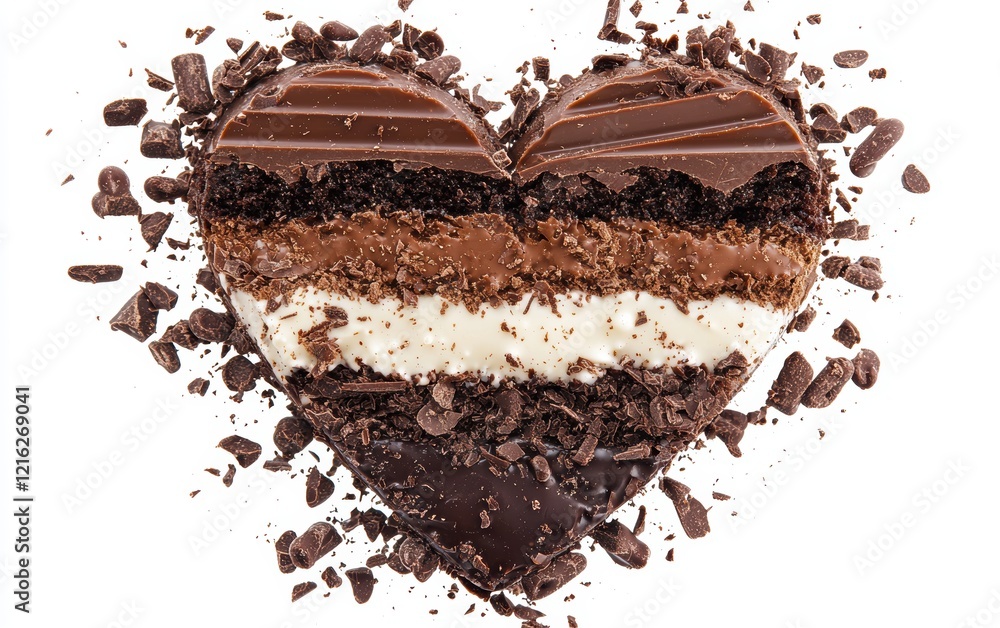 Playful chocolate splash in a heart shape, with milk and dark chocolate layers, isolated on white Playful chocolate splash in a heart shape, with milk and dark chocolate layers, isolated on white