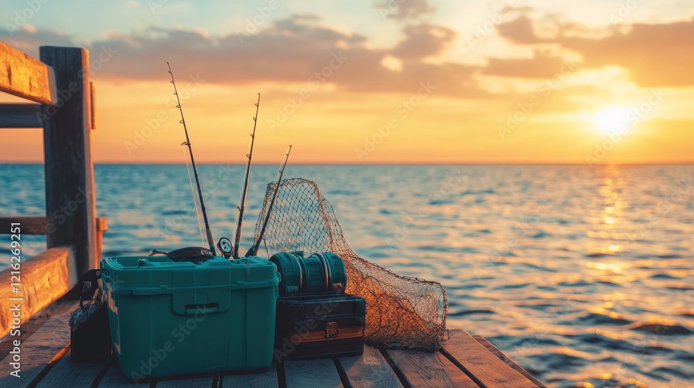 Sea fishing gear: rods, tackle box, fishing net on a pier with calm water and sunset sky. Emphasizing serene, picturesque setting and relaxation of sea fishing. Sea fishing gear: rods, tackle box, fishing net on a pier with calm water and sunset sky. Emphasizing serene, picturesque setting and relaxation of sea fishing.