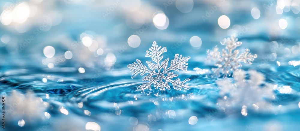 Sparkling snowflakes float on blue water, bokeh background, winter holiday Sparkling snowflakes float on blue water, bokeh background, winter holiday