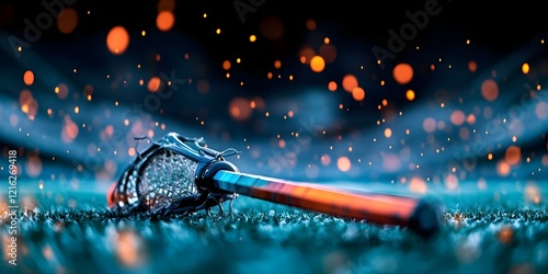 A lacrosse stick lying on grass, surrounded by a blurred background with sparkling lights. Concept Lacrosse Photography, Nature Background, Sparkling Lights, Sports Equipment, Artistic Composition