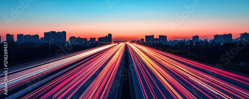 A vibrant sunset illuminates a busy highway, with streaks of light from moving vehicles contrasting against the darkening skyline.