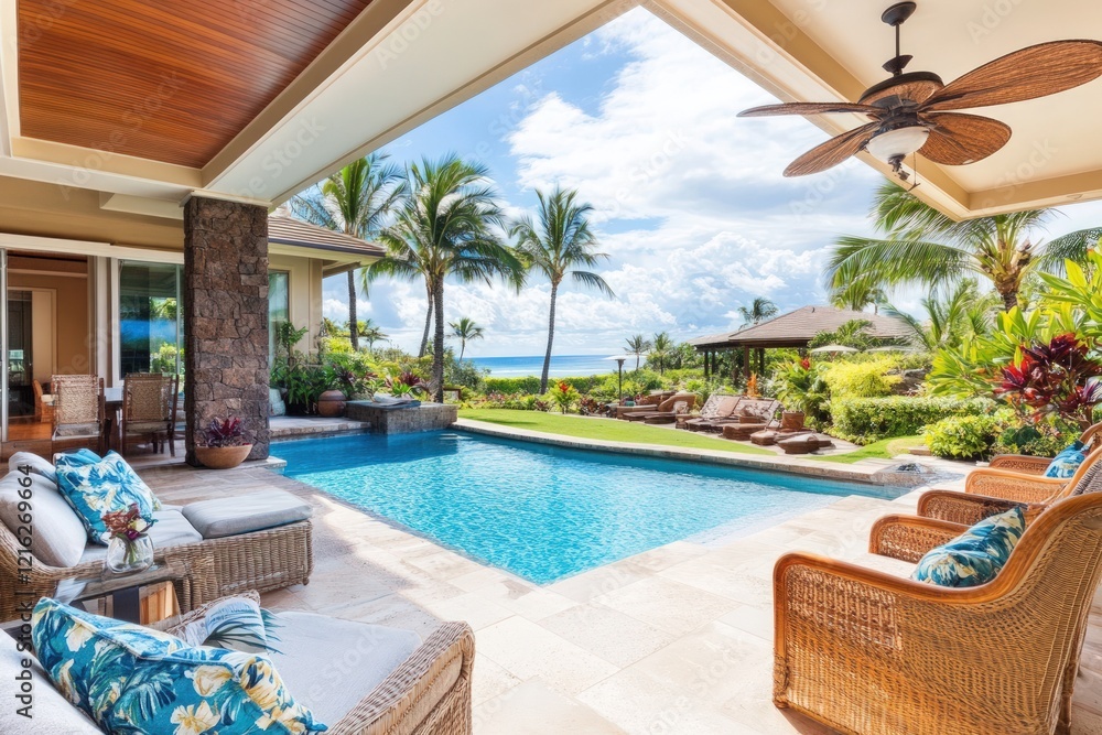 Fototapeta premium Luxury Tropical Home Poolside Patio Ocean View