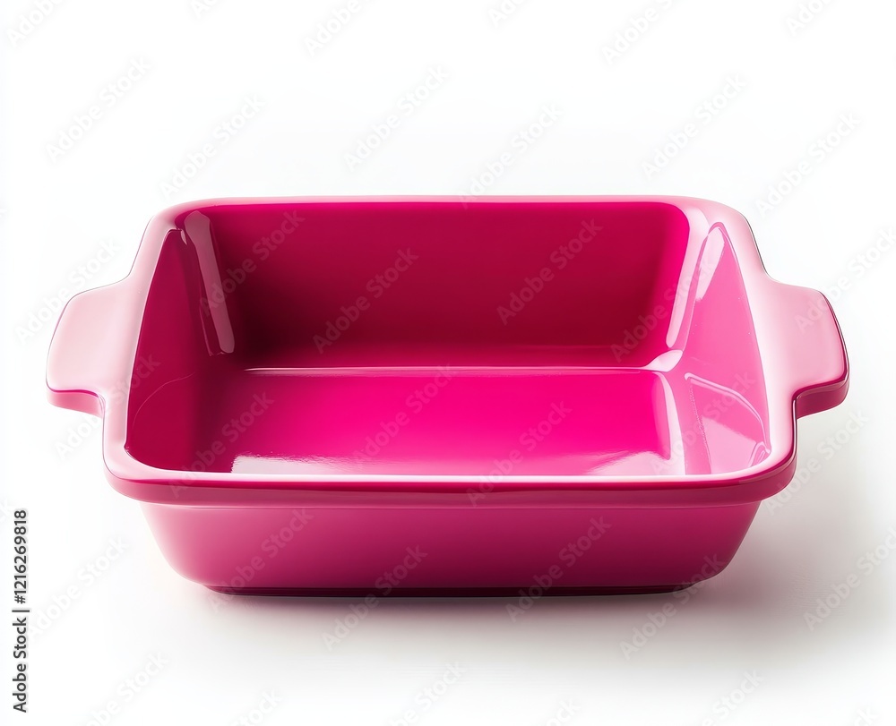 Pink square baking dish with handles. Pink square baking dish with handles.