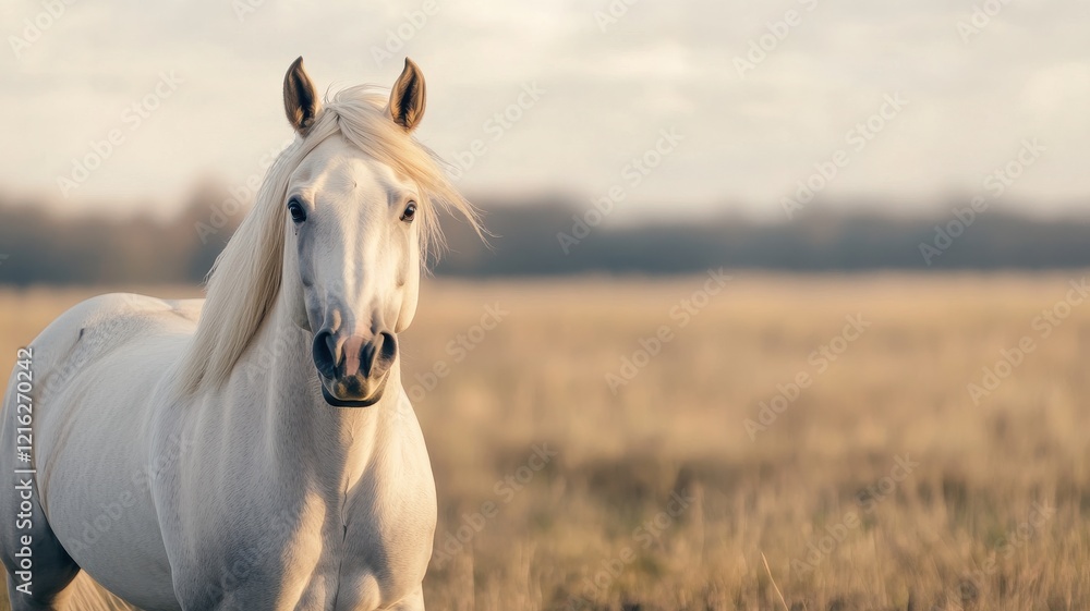 Obraz premium A beautiful white horse stands gracefully in a golden field, showcasing its elegance against a serene, soft-focus background.