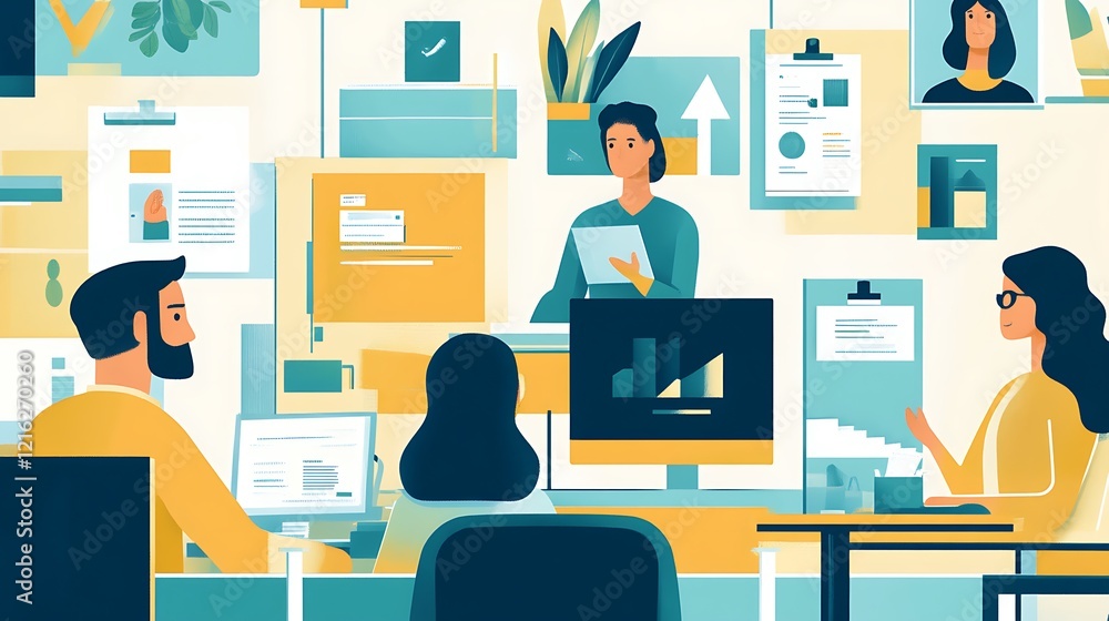A Modern Office Setting with Four People Working A Modern Office Setting with Four People Working