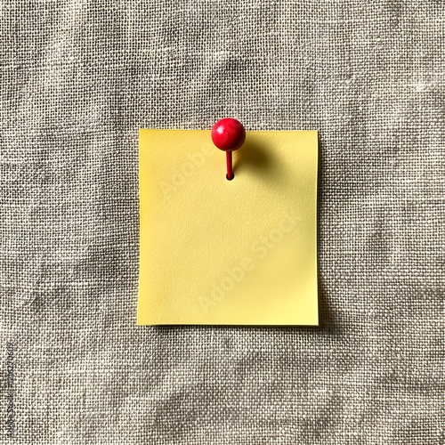 Yellow sticky note, red pushpin, textured linen fabric background, minimalist composition, square format, office supplies, memo pad, reminders, clean aesthetic, soft lighting, muted colors, close-up 