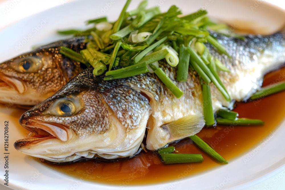 Two perfectly steamed fish lie on a pristine white plate, topped with fresh green onions and drizzled with rich soy sauce, showcasing a delectable Asian culinary presentation Two perfectly steamed fish lie on a pristine white plate, topped with fresh green onions and drizzled with rich soy sauce, showcasing a delectable Asian culinary presentation