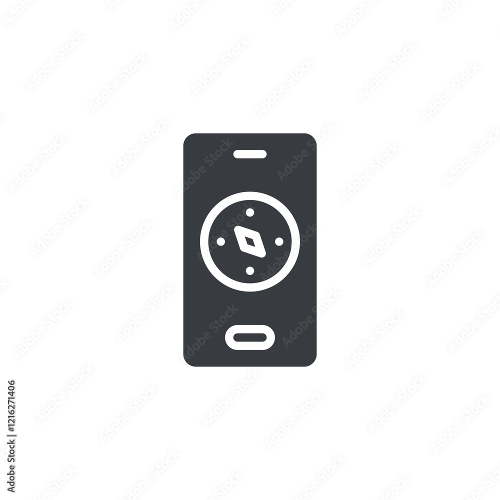 A smartphone displaying a digital compass vector icon A smartphone displaying a digital compass vector icon