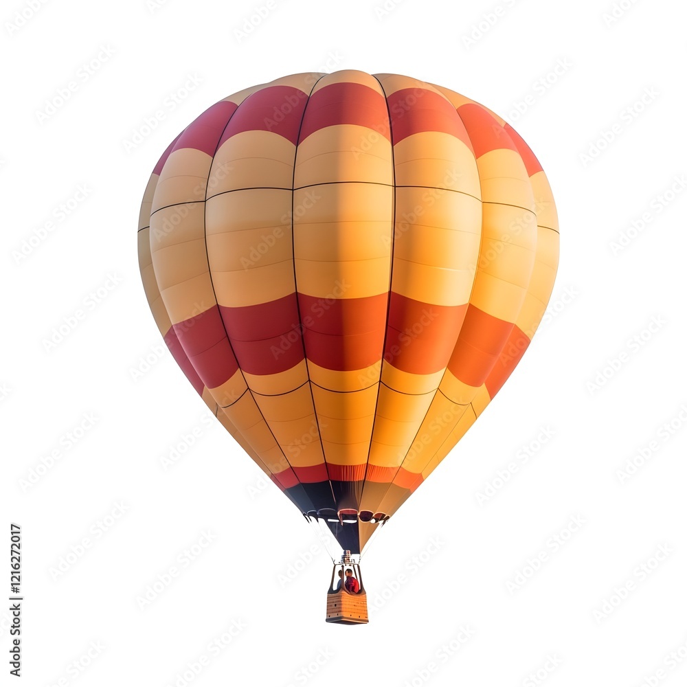 Obraz premium Hot air balloon, vibrant colors, orange and red stripes, yellow panels, floating in sky, majestic, whimsical, adventure, sunrise tones, isolated on white background, detailed texture, photorealistic