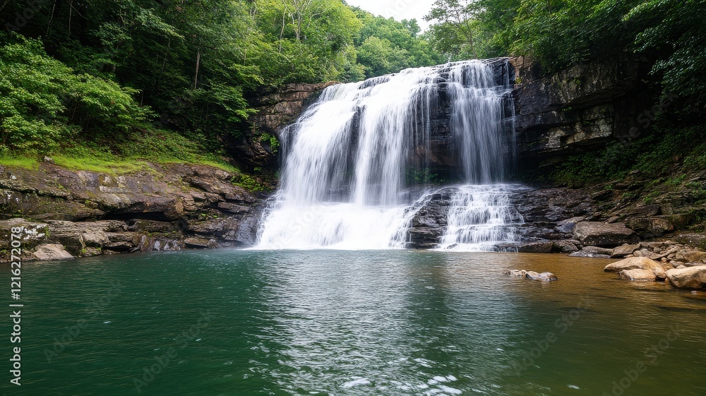 Fototapeta premium A serene waterfall cascades into a tranquil pool, surrounded by lush greenery, creating a peaceful natural oasis.