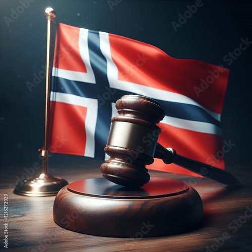 An impactful image featuring the Norway flag alongside a judge's gavel, symbolizing justice, law, A strong representation of legal authority and regional.
