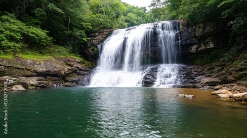 A serene waterfall cascades into a tranquil pool, surrounded by lush greenery, creating a peaceful natural oasis.