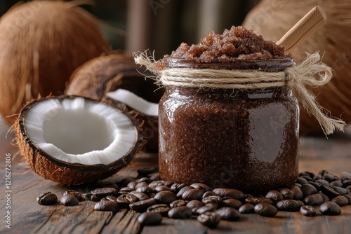 Homemade coffee and coconut scrub in a jar. Perfect for promoting spa treatments, beauty, and wellness. photo