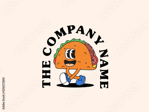 Playful taco walking logo character mascot retro cartoon hand drawn for restaurant and food shop