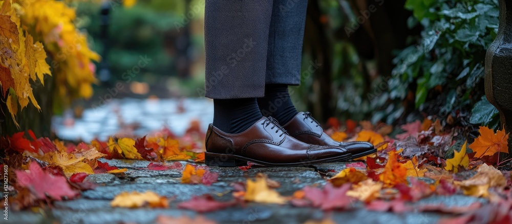 Autumnal Elegance: Brown Leather Shoes Amidst Fall Foliage Autumnal Elegance: Brown Leather Shoes Amidst Fall Foliage