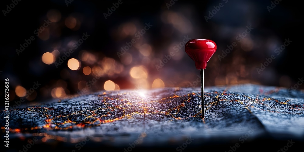 A red pin is positioned on a textured surface, resembling a map or landscape, with a blurred, vibrant background. Concept Red Pin Positioning, Textured Surface, Map Landscape Aesthetic A red pin is positioned on a textured surface, resembling a map or landscape, with a blurred, vibrant background. Concept Red Pin Positioning, Textured Surface, Map Landscape Aesthetic
