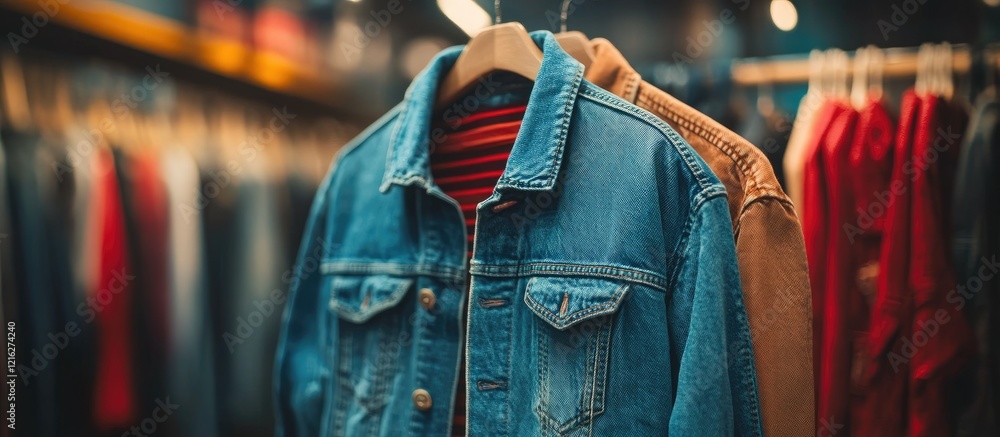 Obraz premium Denim Jacket on Display in Vintage Clothing Store