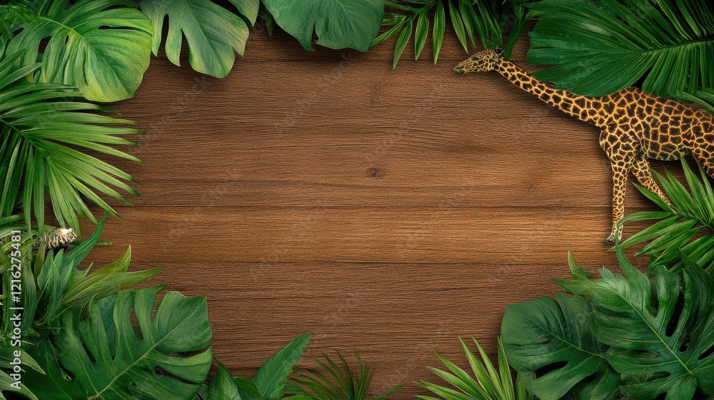 A serene scene featuring a giraffe surrounded by lush green foliage and wooden backdrop. A serene scene featuring a giraffe surrounded by lush green foliage and wooden backdrop.