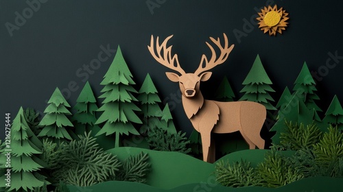 A serene paper craft scene featuring a majestic deer amid lush green trees. photo