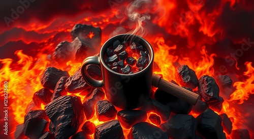 Birds-eye view of a lava-filled mug on magma rocks with a fiery backdrop