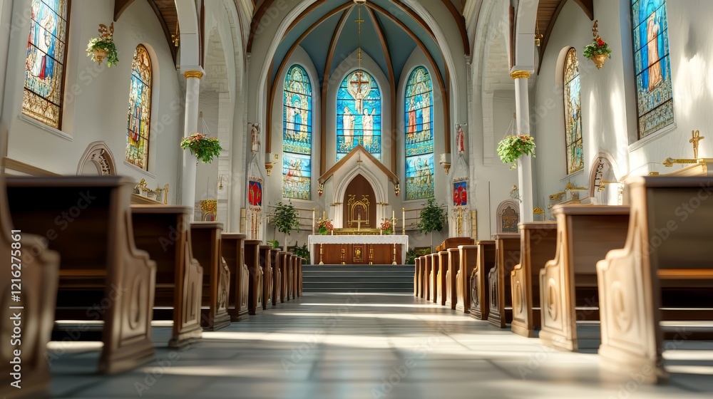 Fototapeta premium Tranquil Interior of a Traditional Church with Stained Glass and Wooden Pews