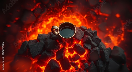 Birds-eye view of a lava-filled mug on magma rocks with a fiery backdrop