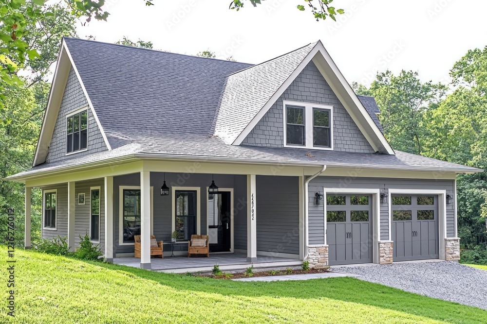 Obraz premium Attractive curb appeal a gray house featuring a covered porch and a spacious garage