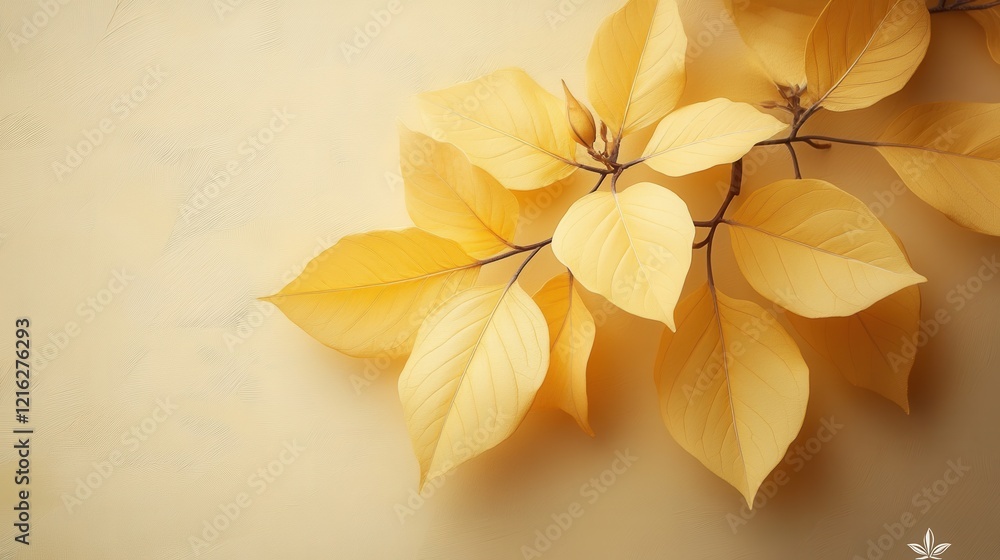 Fototapeta premium Elegant Yellow Leaves on Soft Beige Background for Autumn Decor