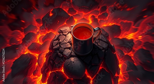 Birds-eye view of a lava-filled mug on magma rocks with a fiery backdrop