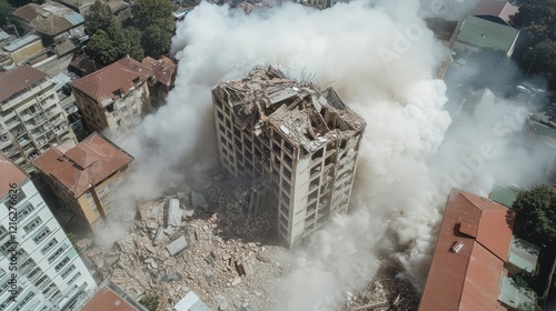 Demolition of a Building in a City: Aerial View of a Controlled Implosion photo