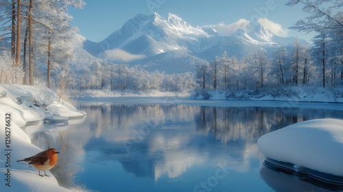 Pristine Winter Lake and Snow-Capped Mountains photo