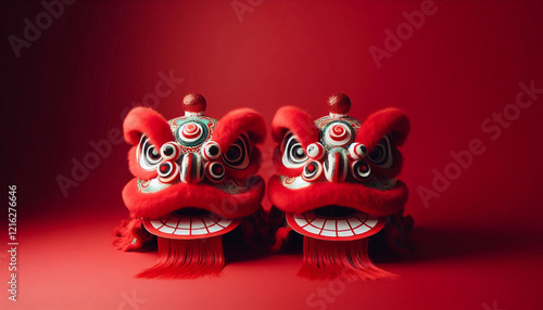 Ai generate two red lion dance chinese new year photo