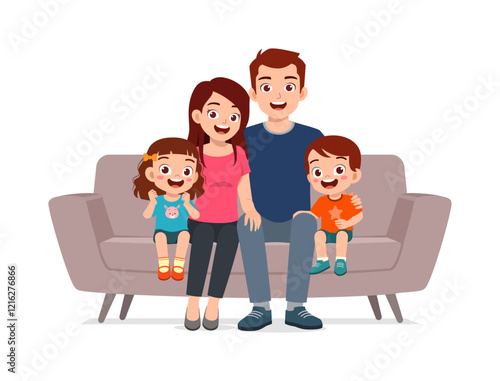 happy family sit on sofa for portrait photograph together
