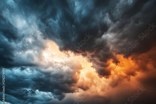 Dark storm clouds dominate the sky, featuring intense contrasts of light and shadow. A dramatic sunset adds an orange glow, creating a captivating and ominous atmosphere photo