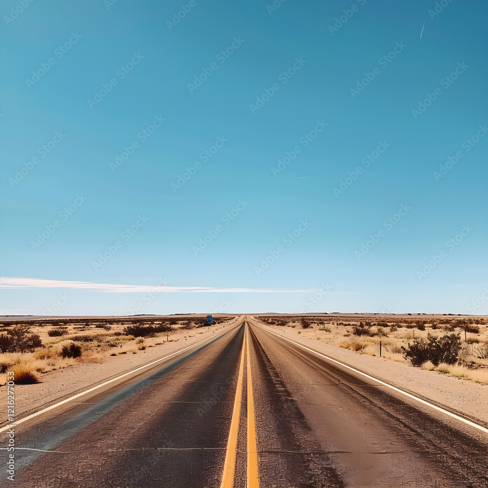 Fototapeta premium Vast and Isolated - A Visual Journey Along a Single-Laned Desert Highway in New Mexico